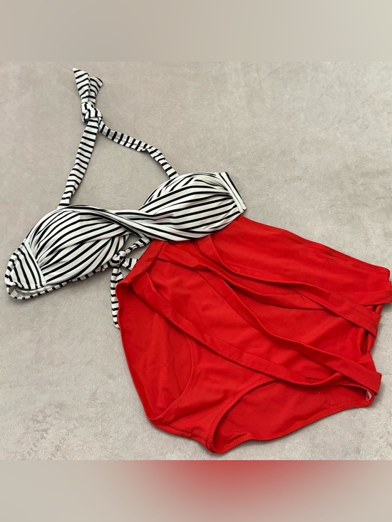 Other - Women’s XL Two Piece Bikini Swimsuit Red High Waist Stripe Halter Bathing Suit